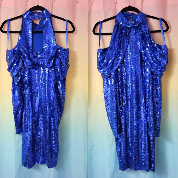 Blue Sequin 90's Vintage Off Shoulder Long Sleeve Mini Dress - Picture 6 of 11